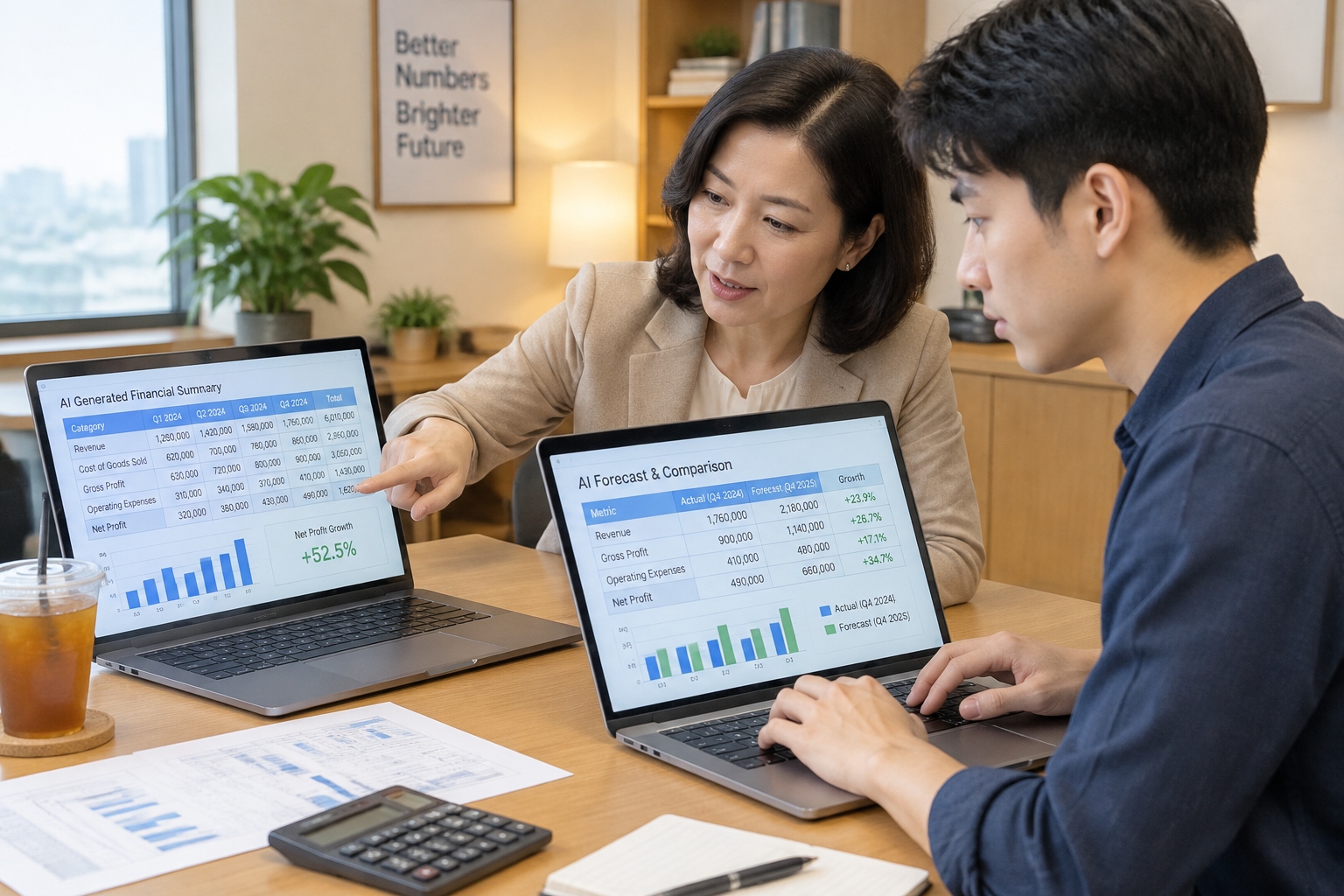 Chinese finance manager and younger colleague comparing AI-generated spreadsheet results on their laptops at a shared desk