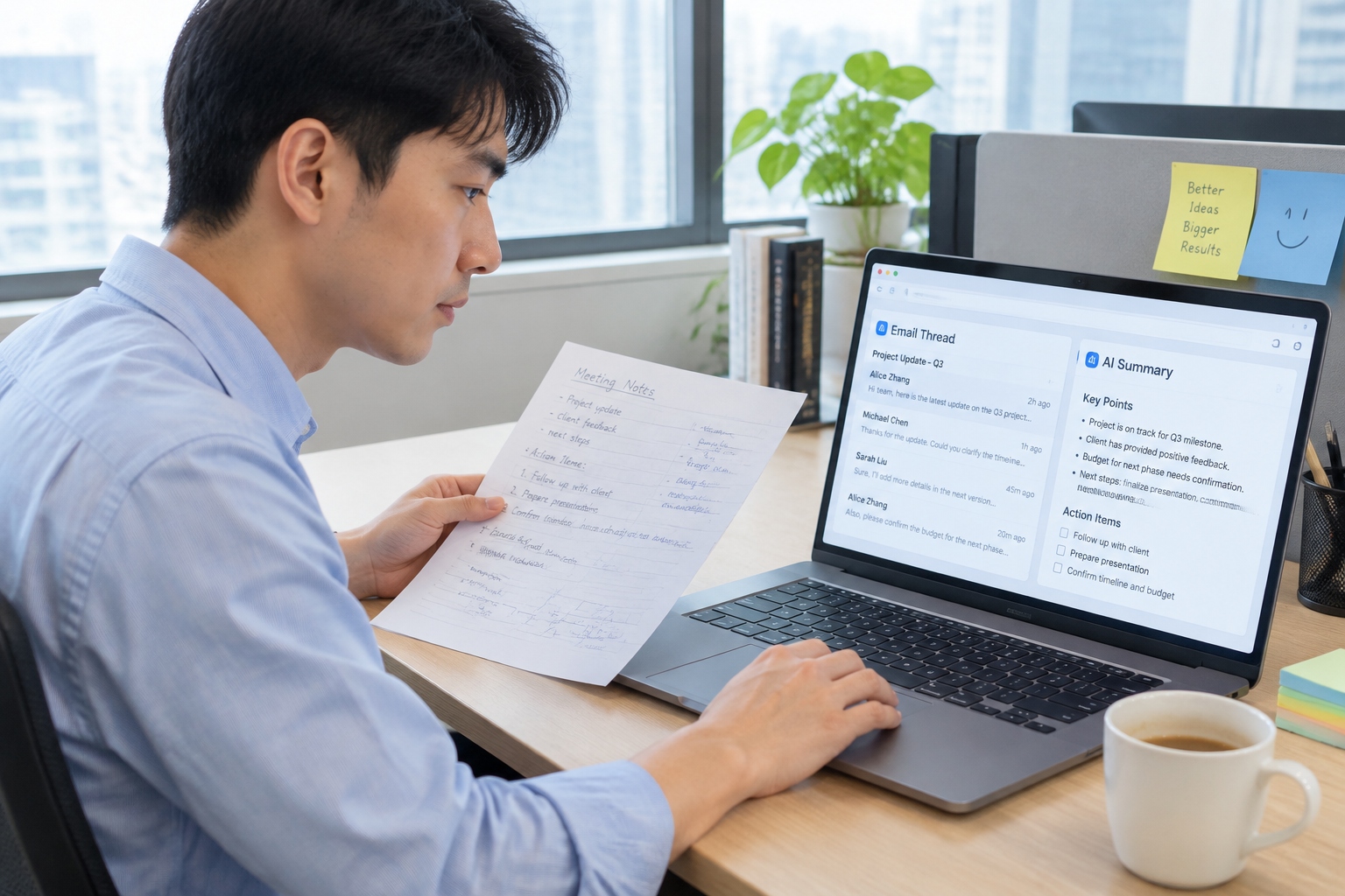 Chinese office worker checking an AI-generated email summary against his handwritten notes at his desk