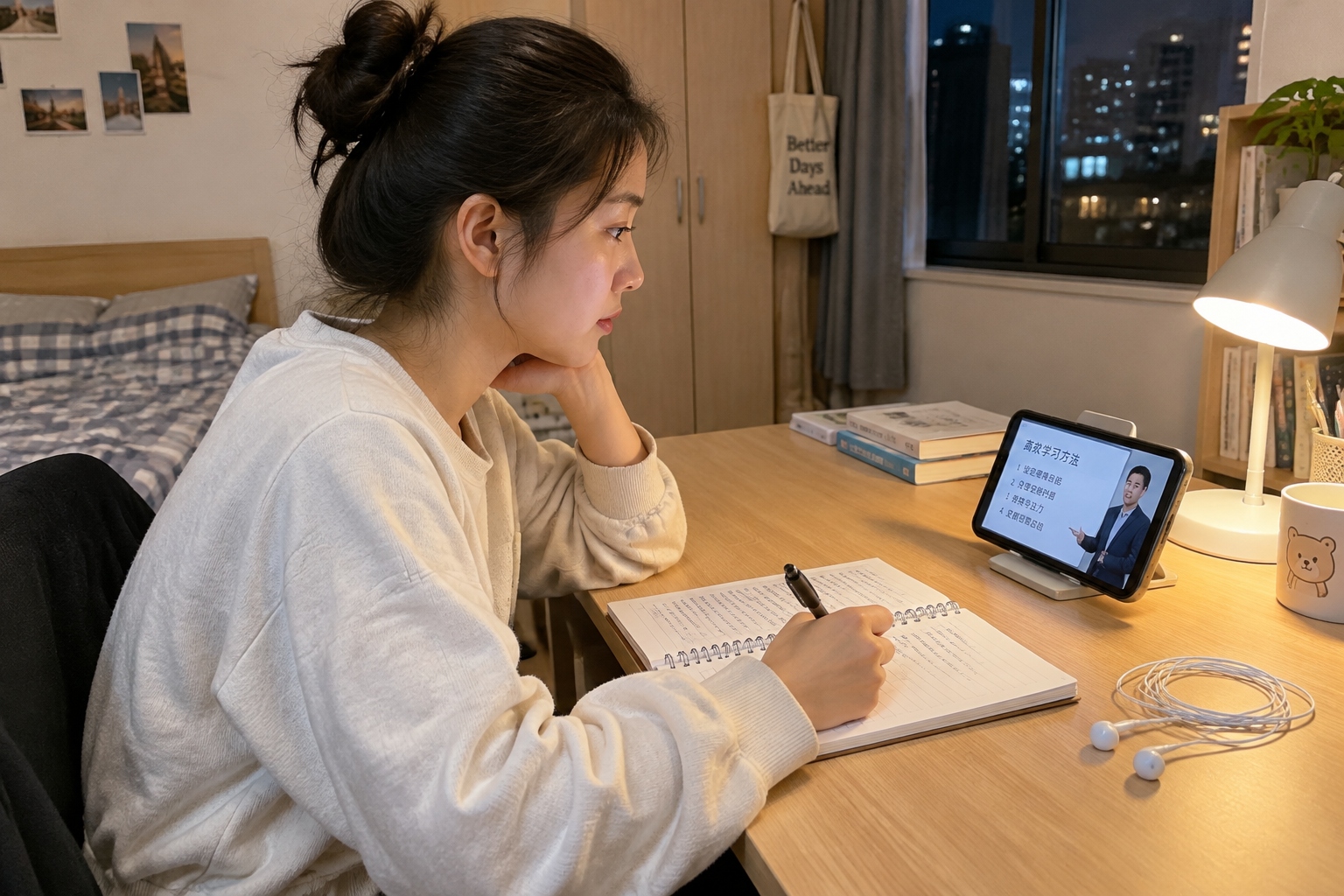 A young woman in a rented apartment watching a low-cost recorded AI course on her phone while taking handwritten notes at a small desk