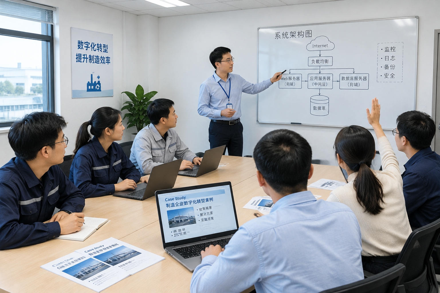 An instructor explaining a private deployment architecture on a whiteboard to employees during an in-house AI training session at a Chinese manufacturing company