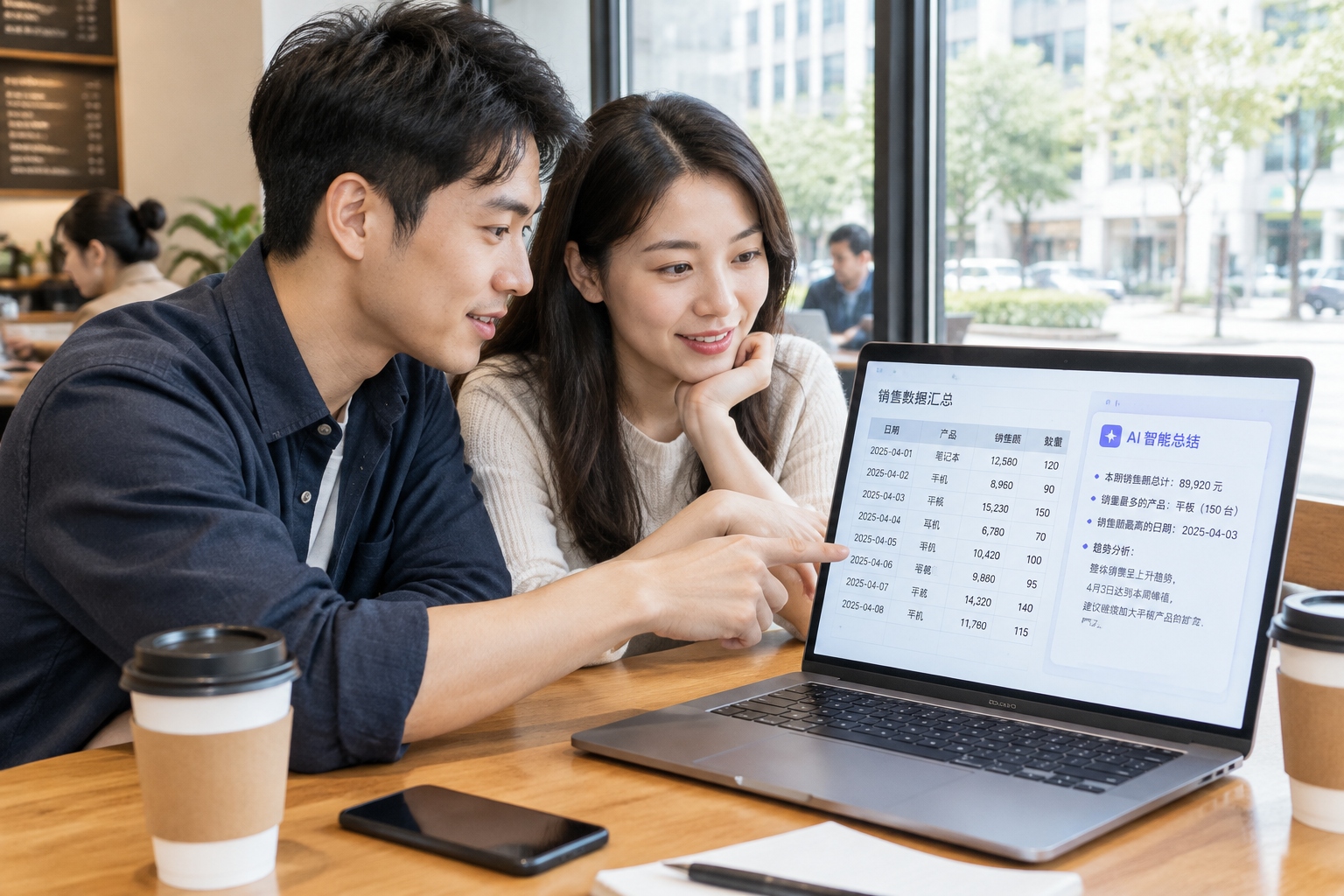 Two young office workers in a city cafe comparing a spreadsheet with an AI-generated summary on a laptop screen during a lunch break