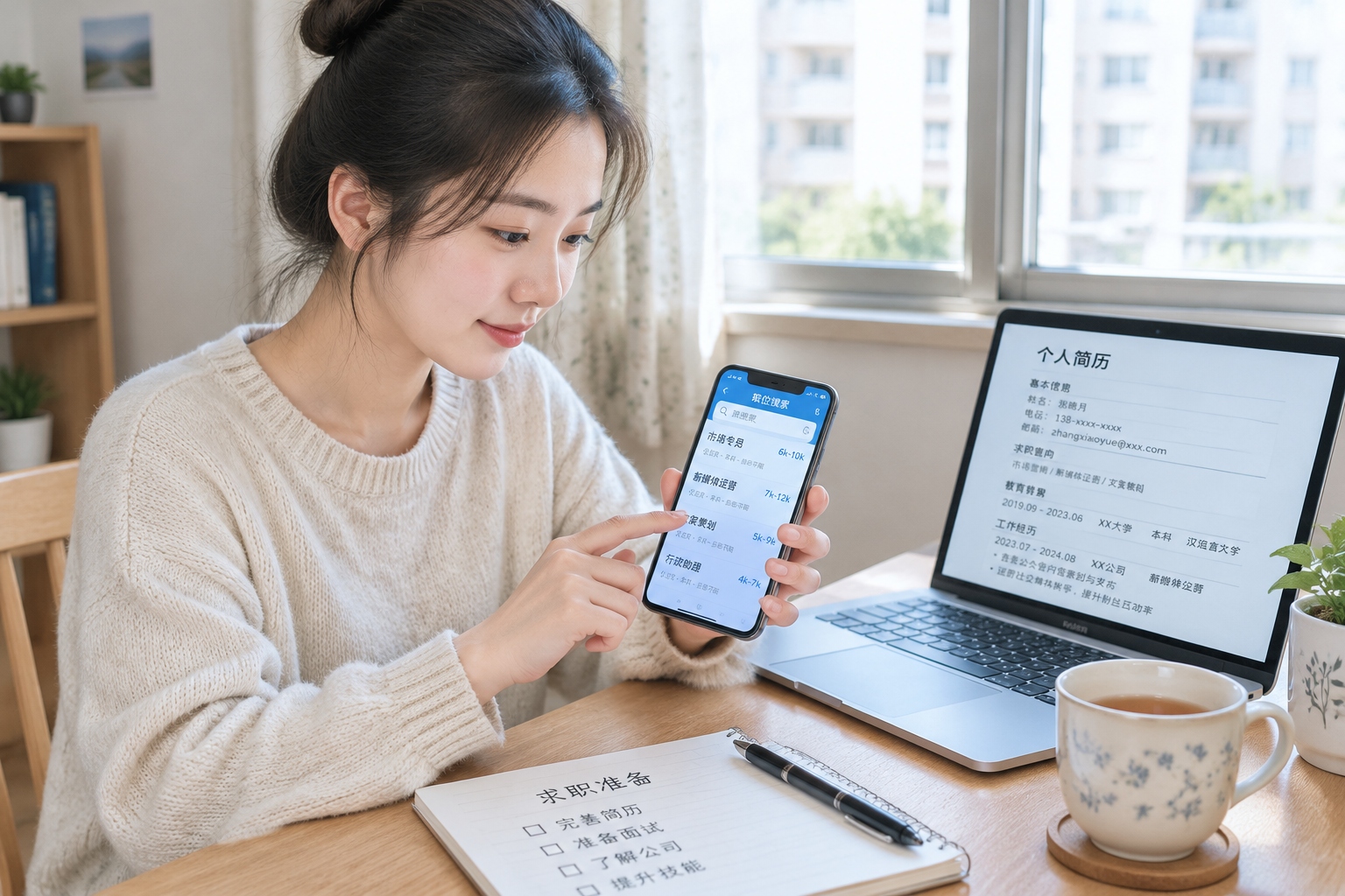 A young Chinese job seeker reviews a job listing on her phone beside a laptop and handwritten resume notes at a kitchen table.