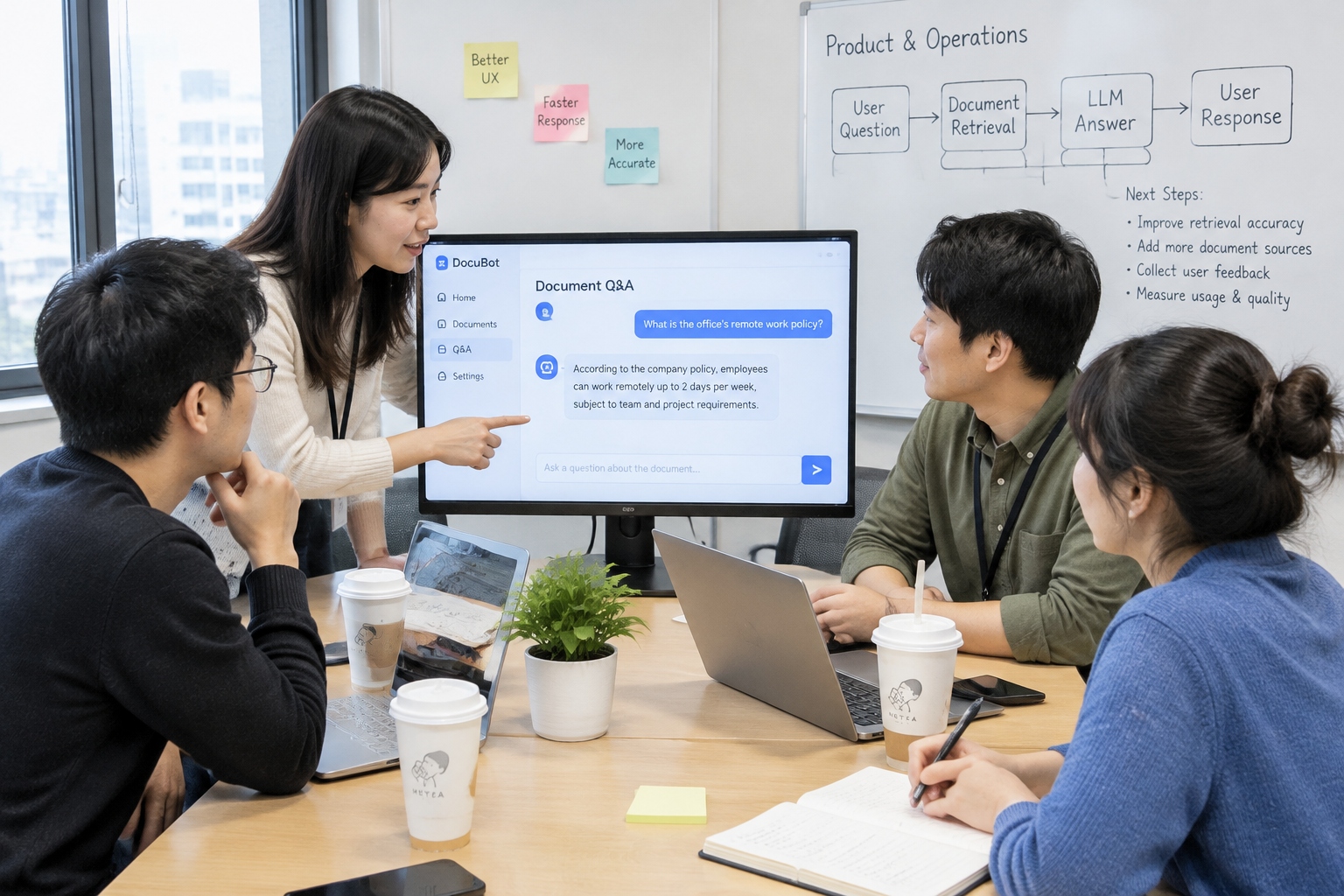 A small team in a Chinese office reviews a document Q&A chatbot prototype on a monitor beside a whiteboard workflow.