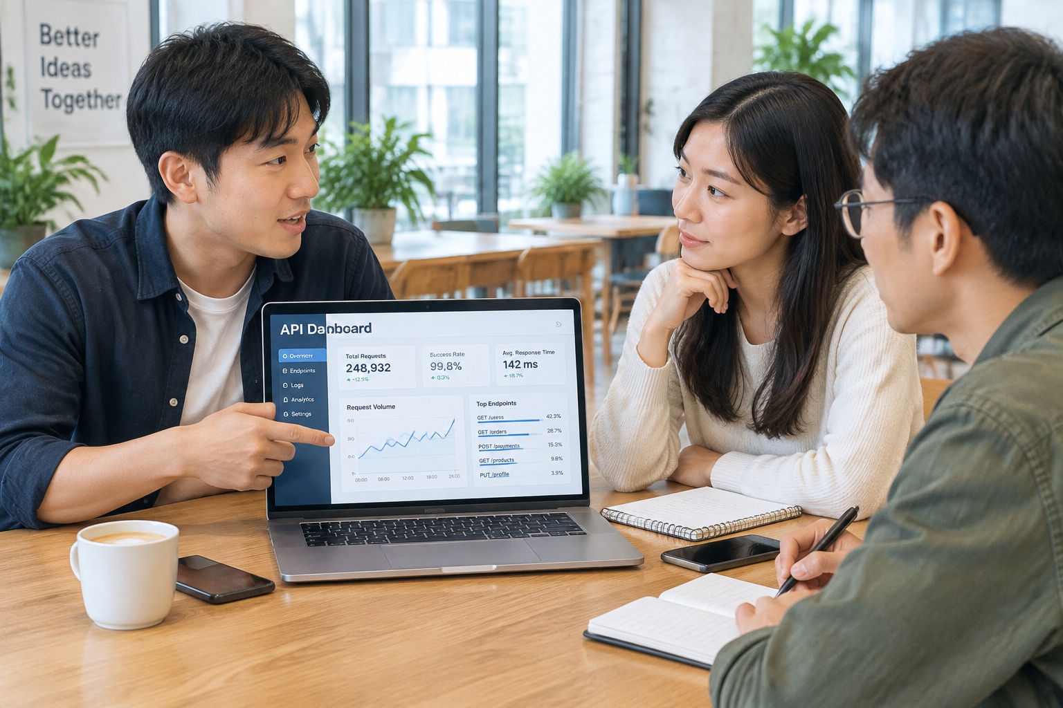 Young professionals in a co-working space learn how to connect an AI API during an informal training session.