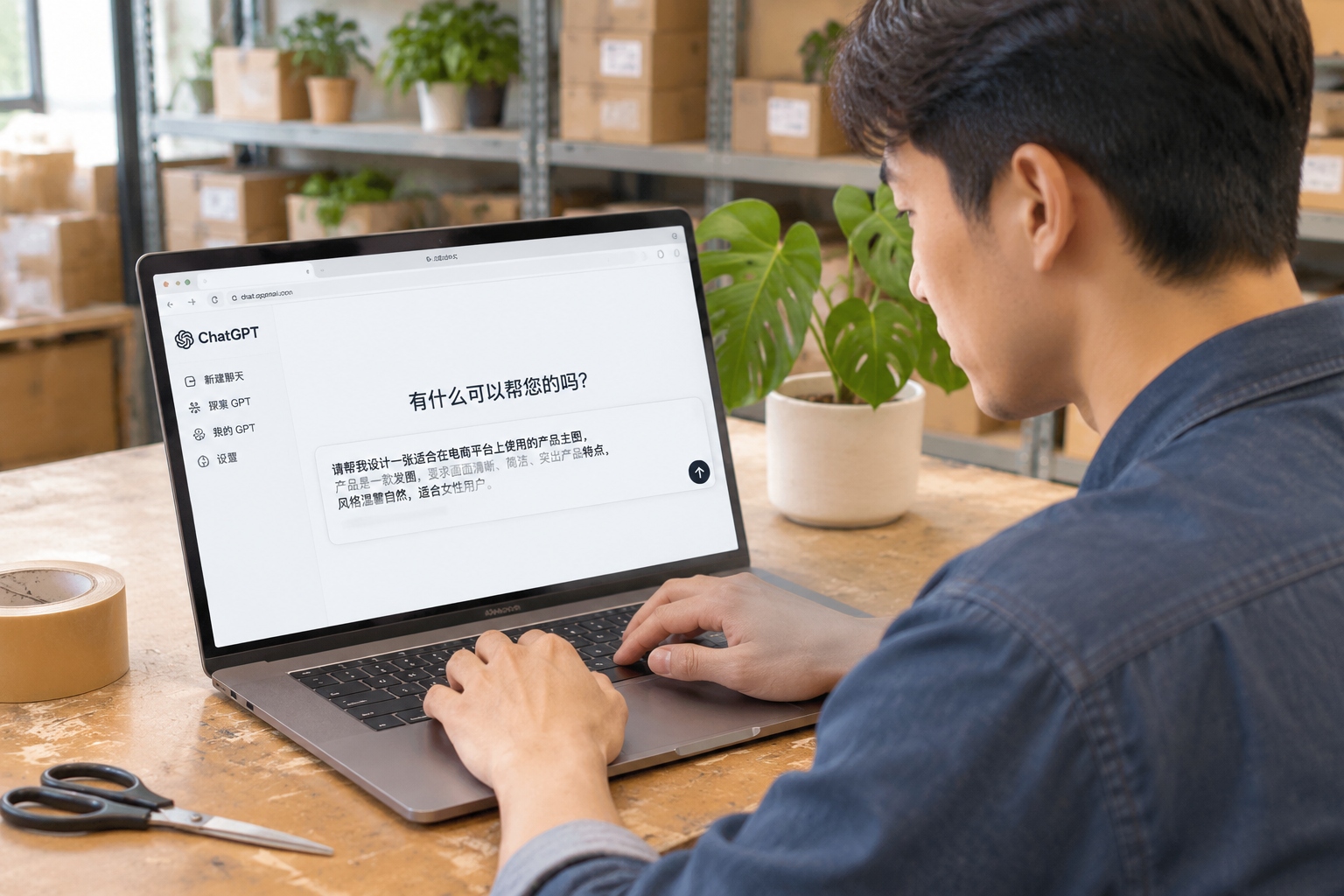 A shop owner in a county warehouse typing a prompt into an AI chat window on a laptop, with a small potted monstera and packing tape on the table