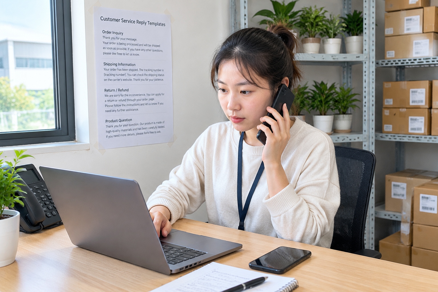 A customer service worker at a small plant shop replying to buyers on two phones, with a printed sheet of reply templates on the wall