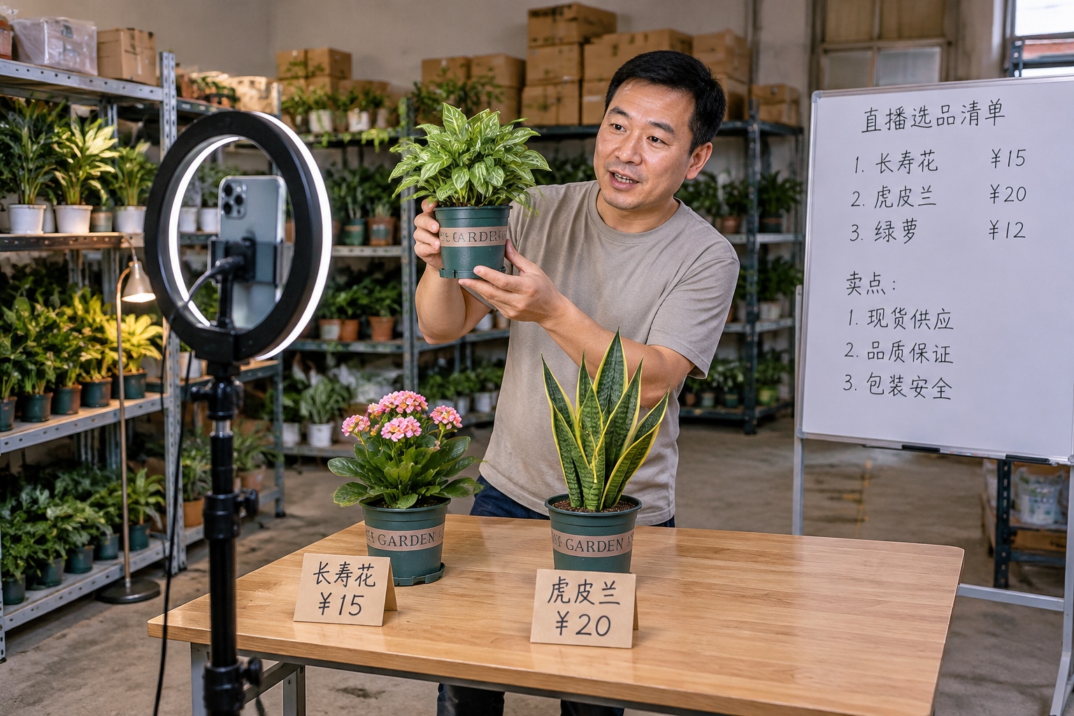 A plant seller livestreaming at night from a small warehouse, holding a potted plant in front of a phone on a tripod with a ring light