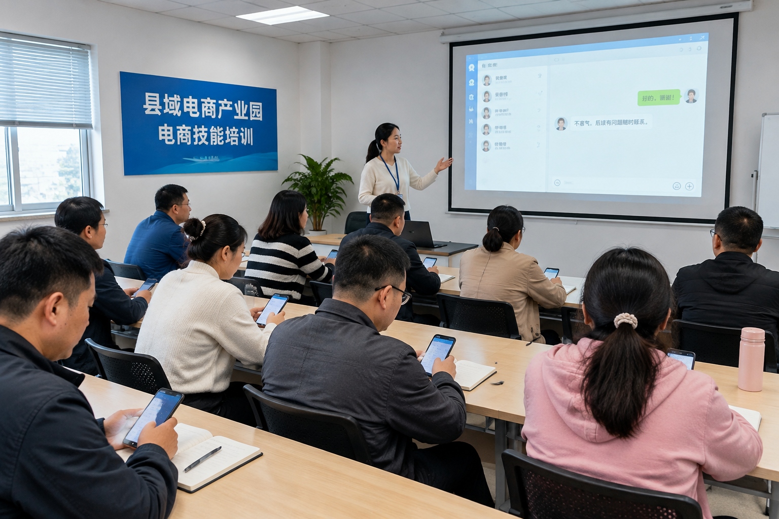 An evening AI training class for small online sellers in a county e-commerce park, with adults holding phones and a chat interface on the projector screen