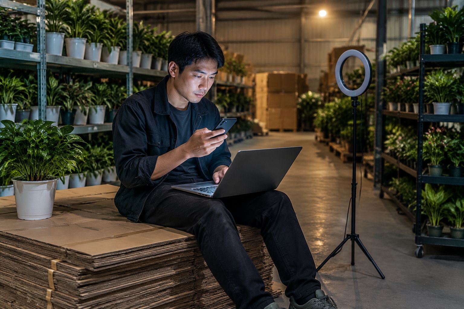 A plant shop owner sitting on flattened cardboard boxes late at night, editing product titles on his laptop and phone after a livestream