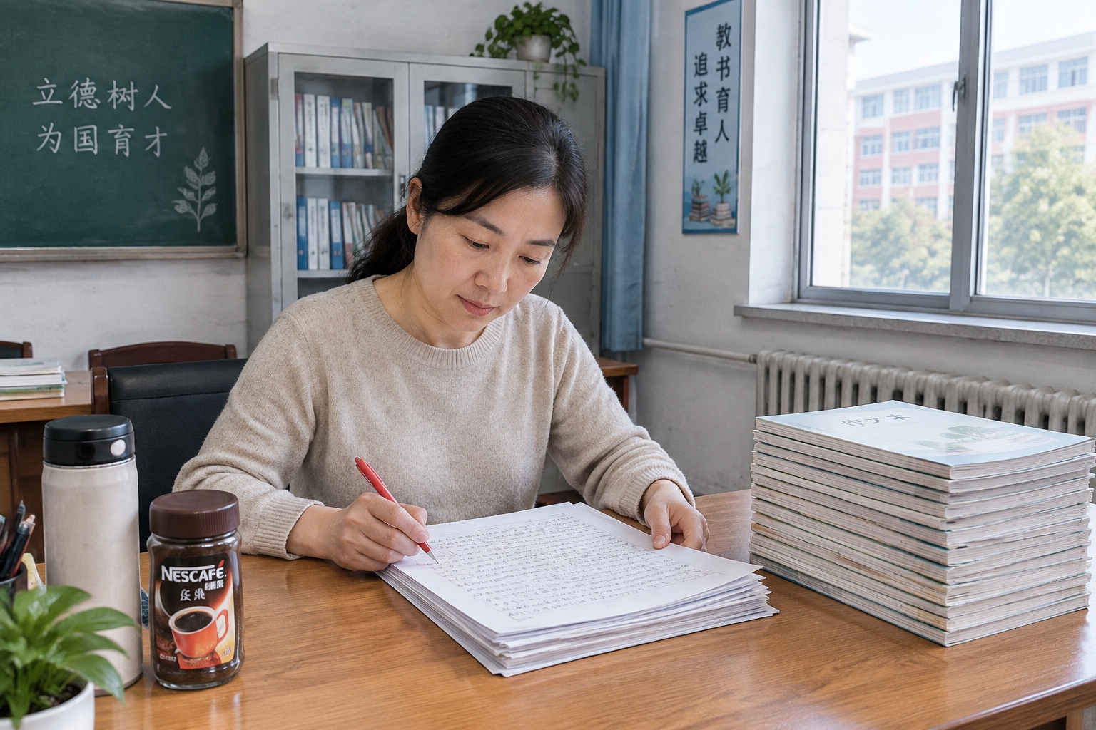 Chinese Teachers Are Learning to Spot AI-Written Homework—and Bringing LLMs Into Class 22 A Chinese middle school teacher grades handwritten essays in a staff room early in the morning.
