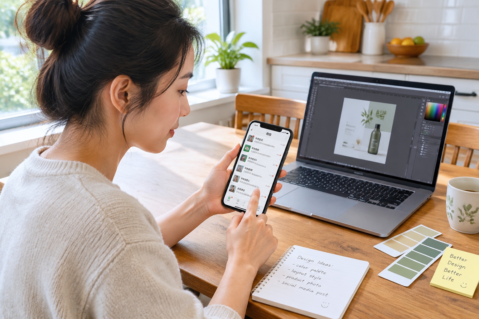 Swapping Prompts, Sharing Courses, Avoiding Scams: How Chinese Freelancers Learn AI in WeChat Groups 22 A freelance designer checks a busy WeChat-style group chat on her phone while design software is open on her laptop at a kitchen table