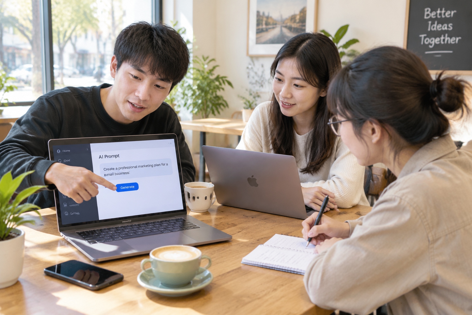 Swapping Prompts, Sharing Courses, Avoiding Scams: How Chinese Freelancers Learn AI in WeChat Groups 23 Three freelancers compare AI prompts on laptops and phones around a cafe table during a working meetup