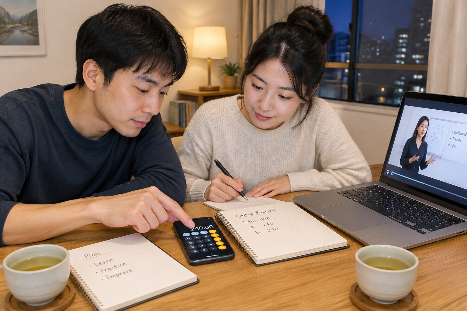 Swapping Prompts, Sharing Courses, Avoiding Scams: How Chinese Freelancers Learn AI in WeChat Groups 24 Two freelancers calculate a shared course payment on a phone calculator at a kitchen table with notebooks and a laptop showing a video lesson
