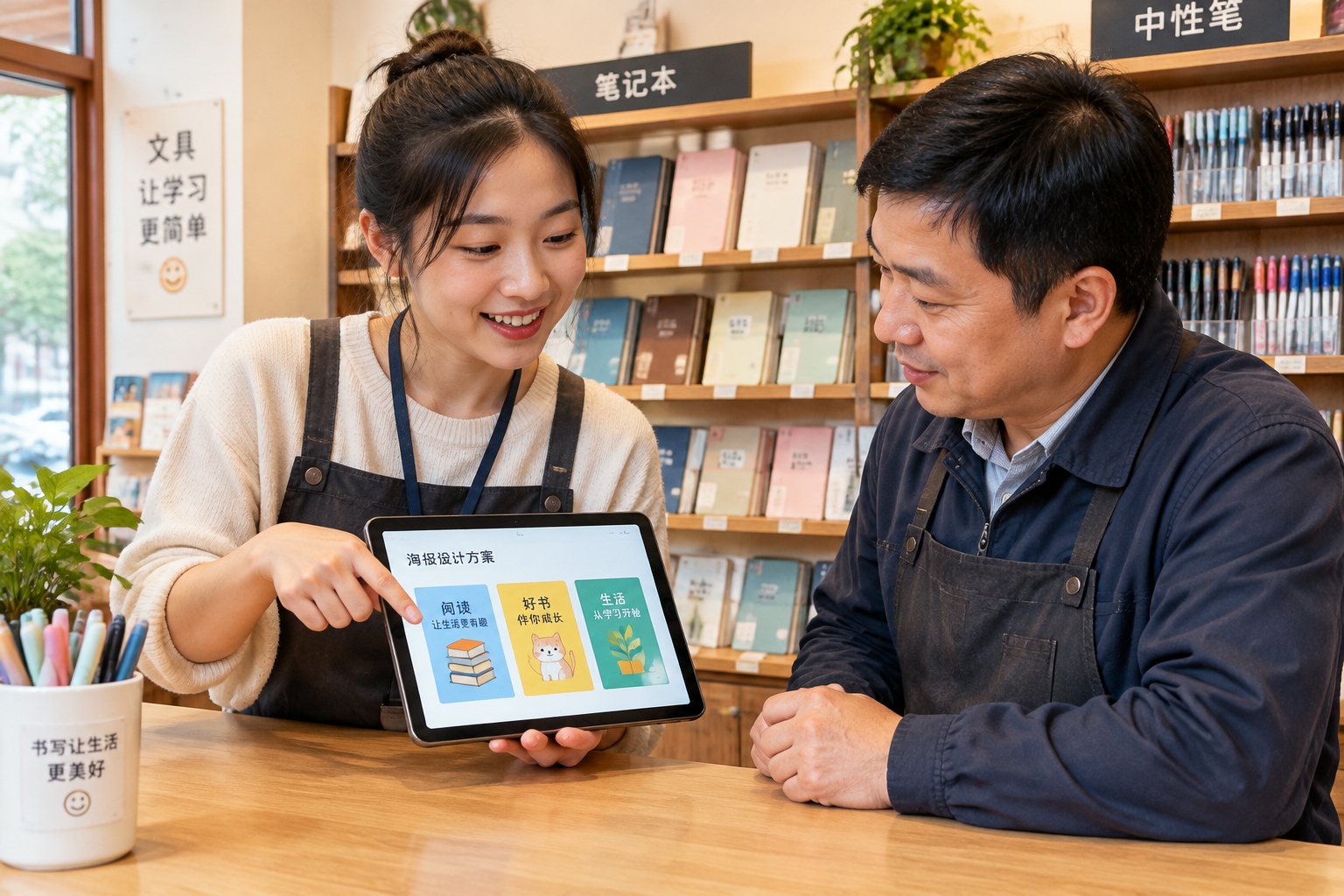 Swapping Prompts, Sharing Courses, Avoiding Scams: How Chinese Freelancers Learn AI in WeChat Groups 25 A young designer shows AI-assisted poster drafts on a tablet to a shop owner inside a small stationery shop