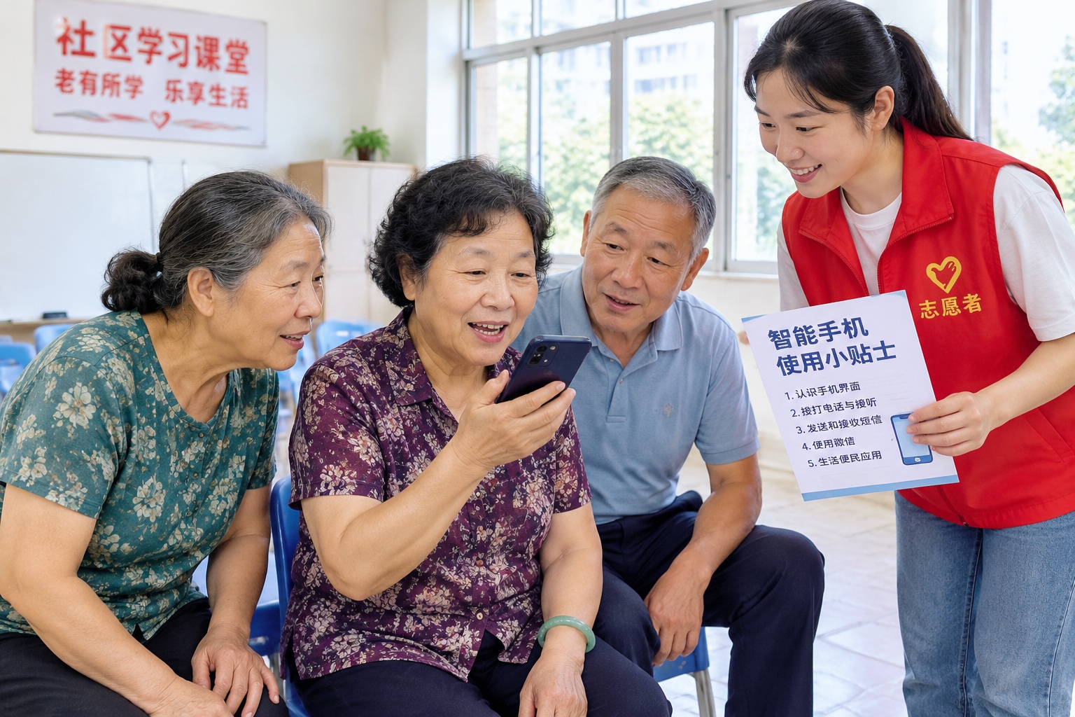 Retired Aunties Learn AI on Their Phones: A First LLM Lesson in a Community Classroom 22 A retired woman speaks into her smartphone during an AI class in a Shanghai community activity room while neighbours lean in to watch