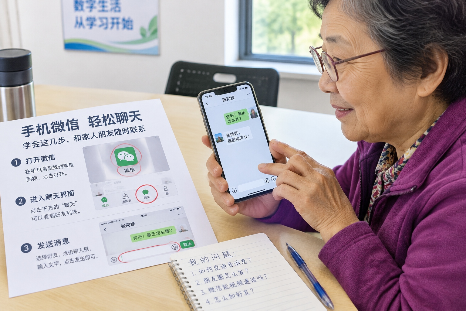 Retired Aunties Learn AI on Their Phones: A First LLM Lesson in a Community Classroom 23 Close-up of an older woman's hands holding a phone next to a large-print Chinese handout with red circles marking each step