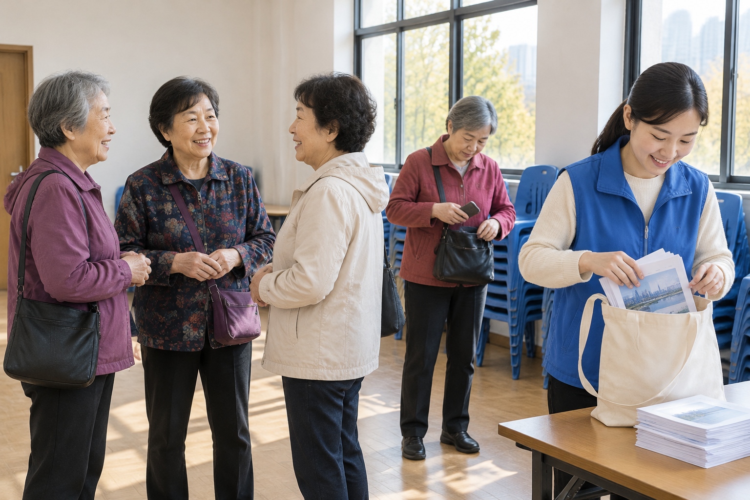 Retired Aunties Learn AI on Their Phones: A First LLM Lesson in a Community Classroom 24 Retired women chat and gather their bags as a community AI class ends, with plastic chairs stacked against the wall