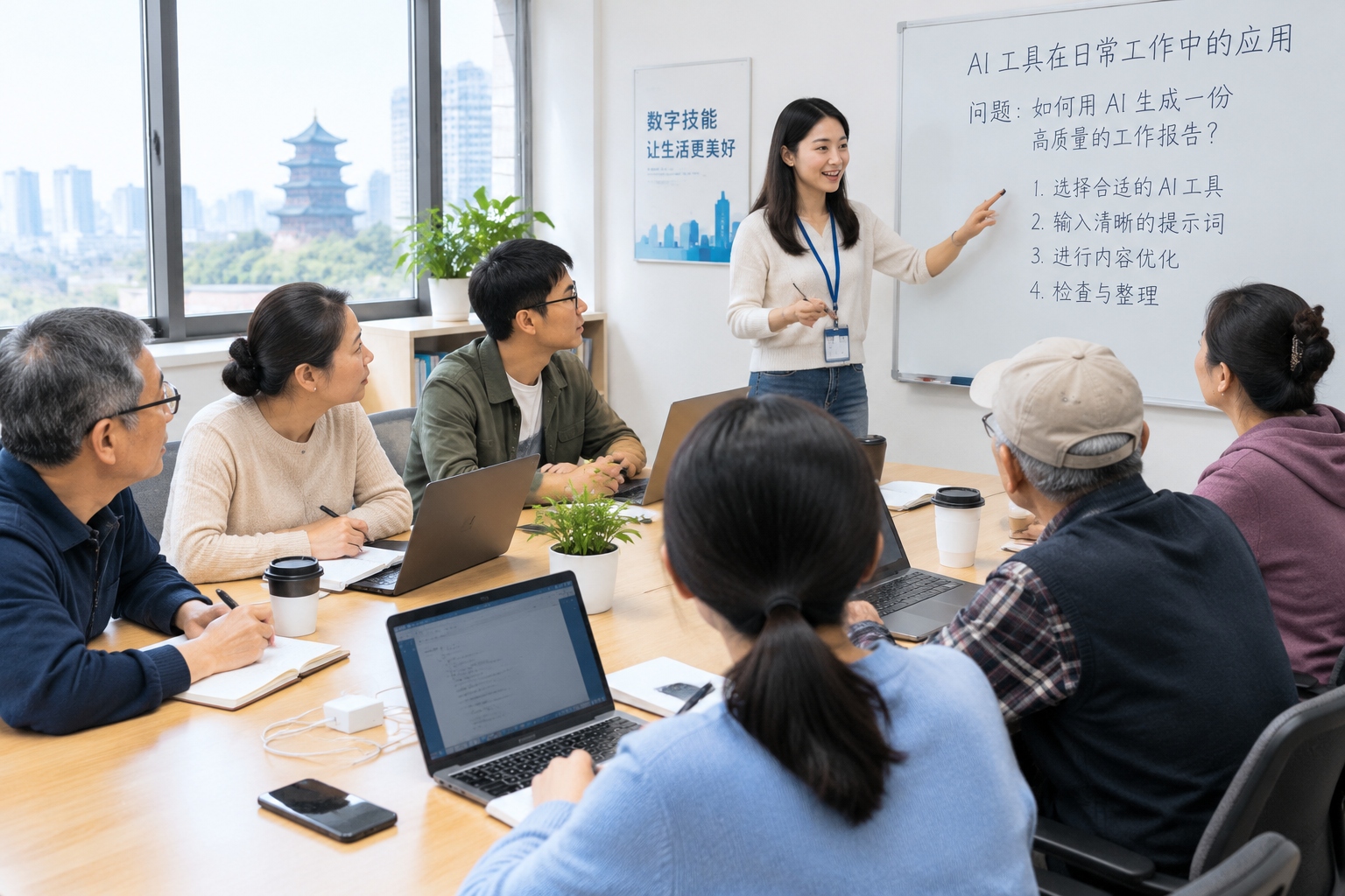 Six Chinese adults in a community classroom taking a short AI course, with laptops, notebooks and a trainer at a whiteboard