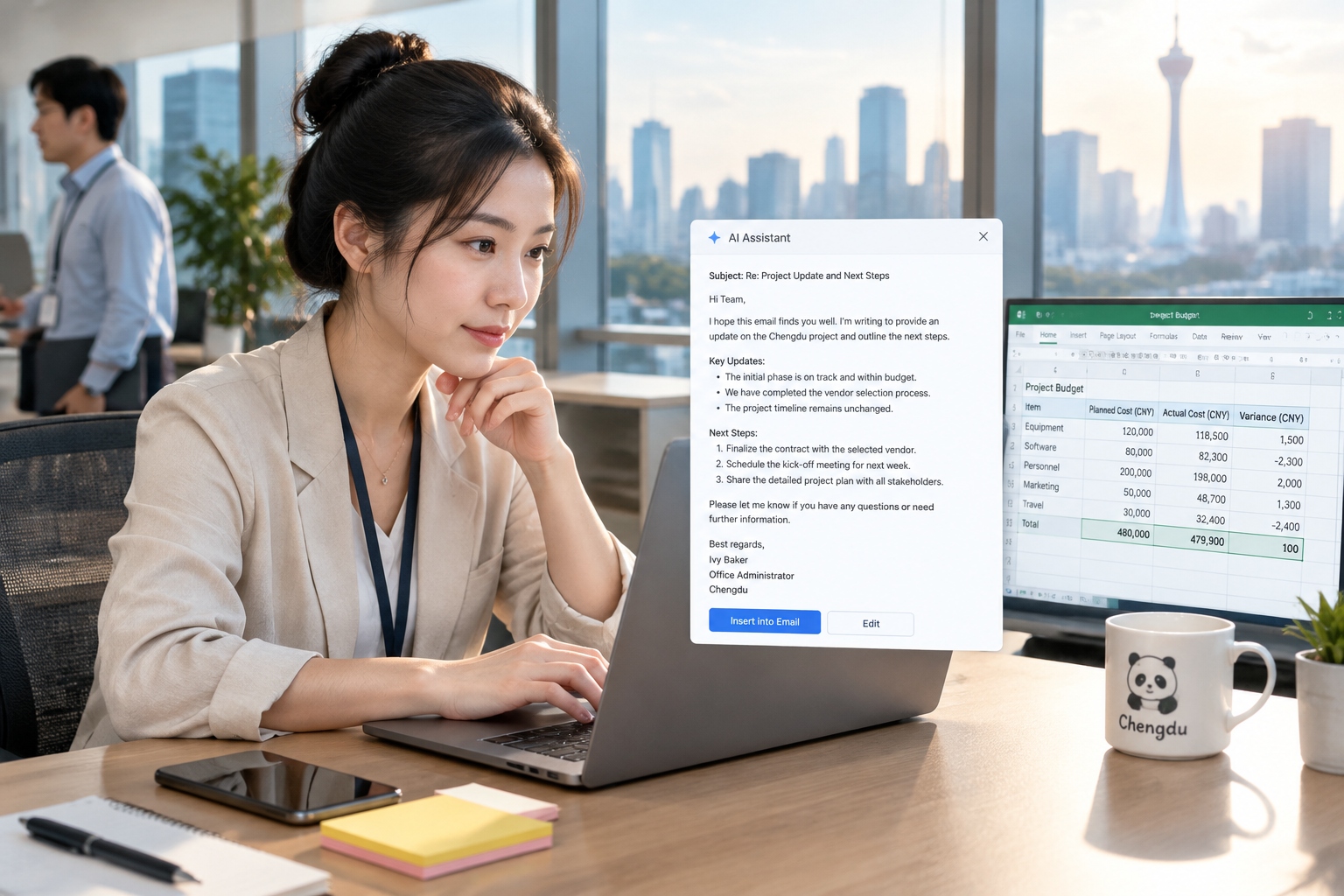 A Chinese office worker reviewing an AI-drafted email beside a spreadsheet at her desk in a Chengdu office