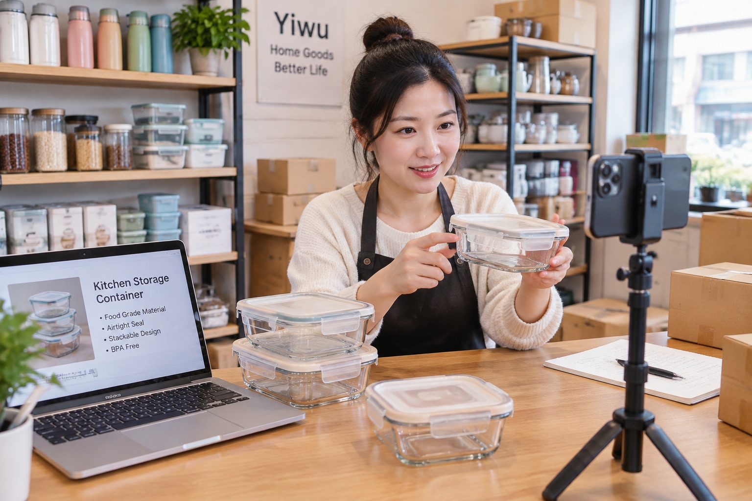 A small shop owner in Yiwu photographing home goods with a phone while a laptop shows product descriptions
