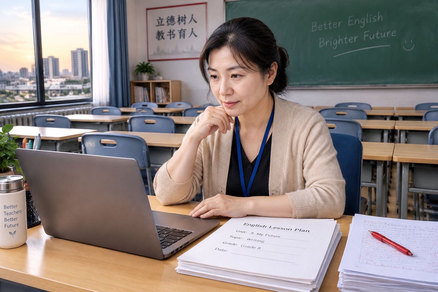 A middle-school English teacher in Hefei reviewing an AI-assisted lesson plan beside student papers after class