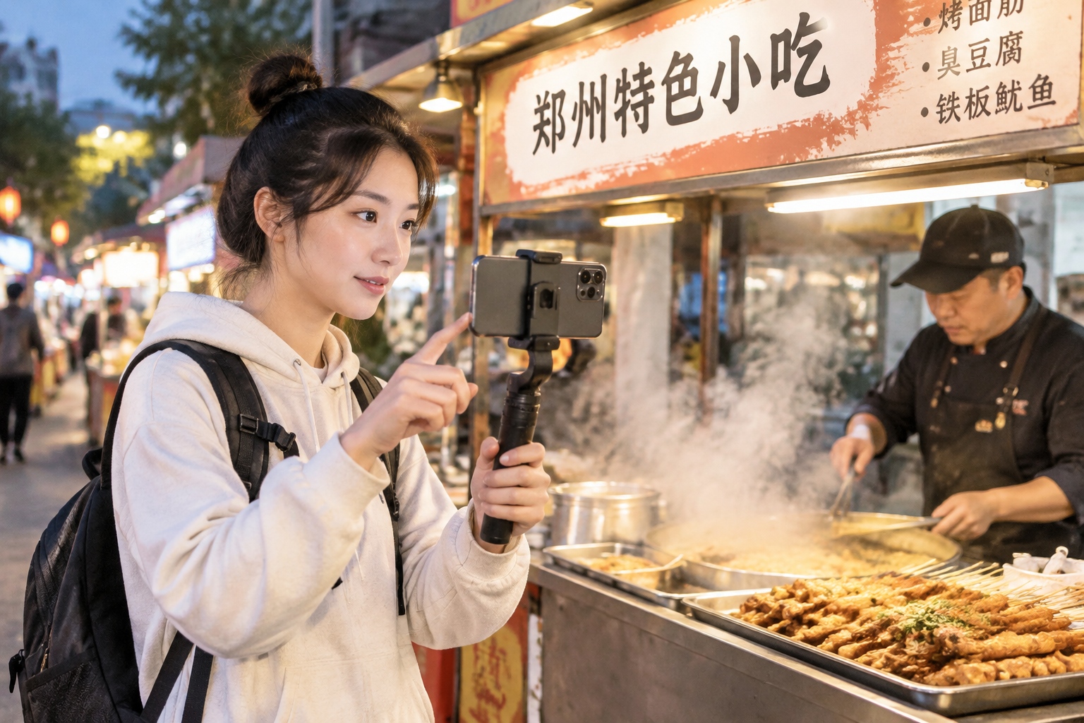 A young video creator in Zhengzhou checking an AI-assisted script while filming at a night food market