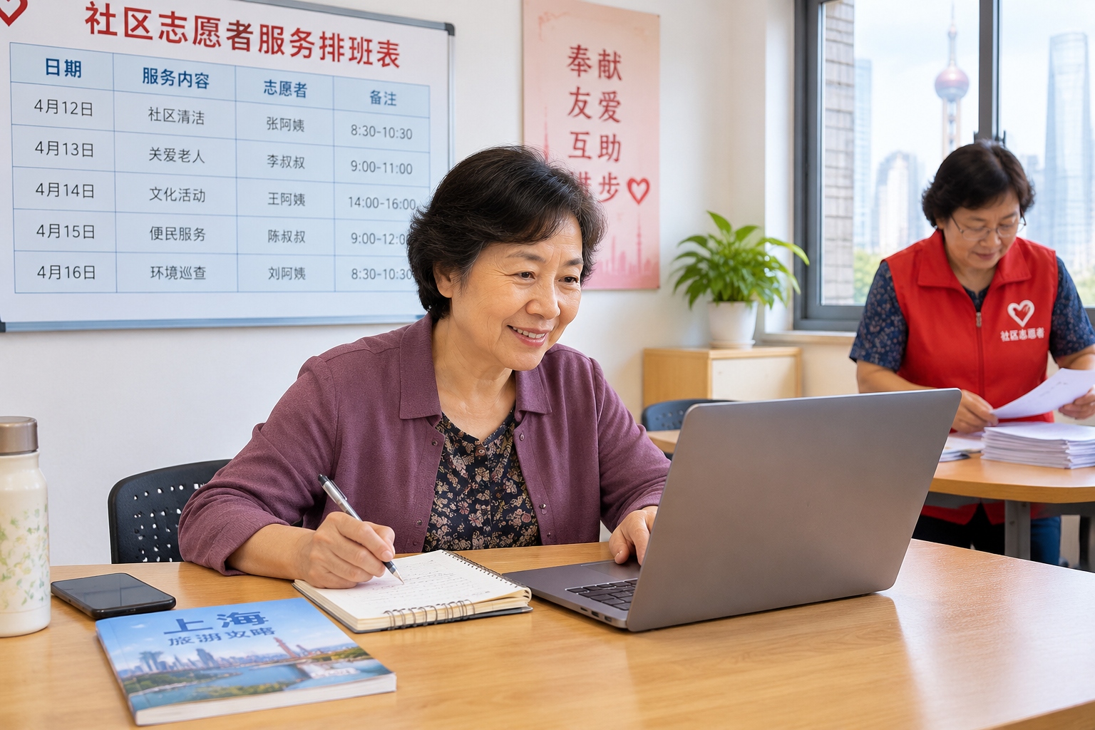 A retired woman in Shanghai using a laptop and notebook to plan a trip at a community center