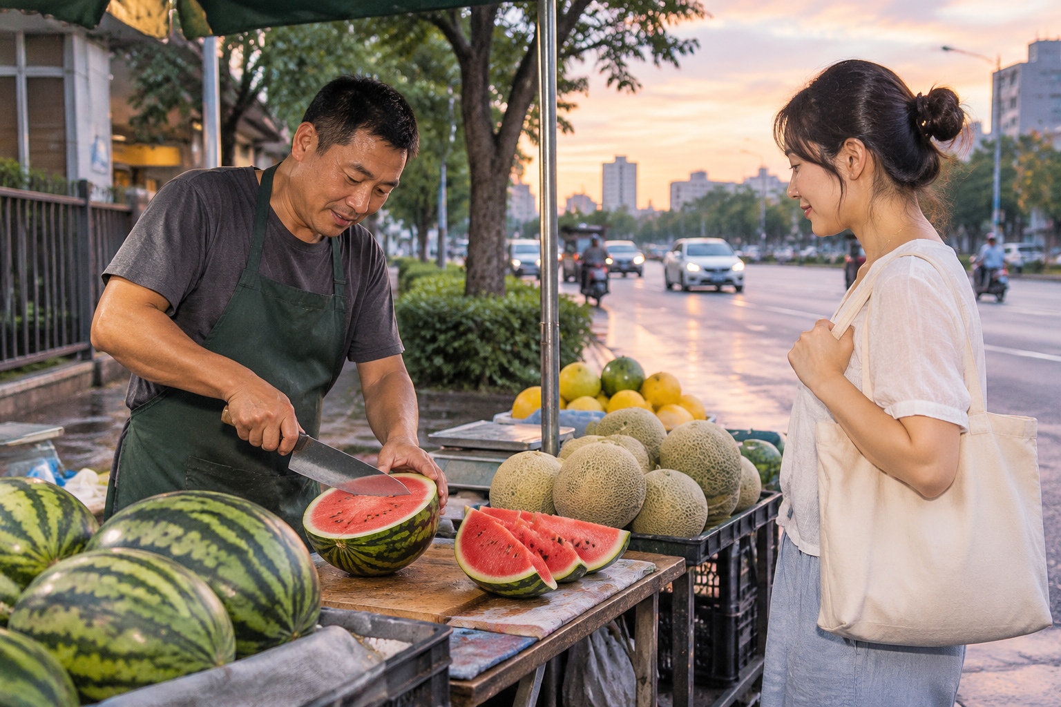 A fruit vendor slices a watermelon at an outdoor stall on a humid summer evening in a Chinese city.