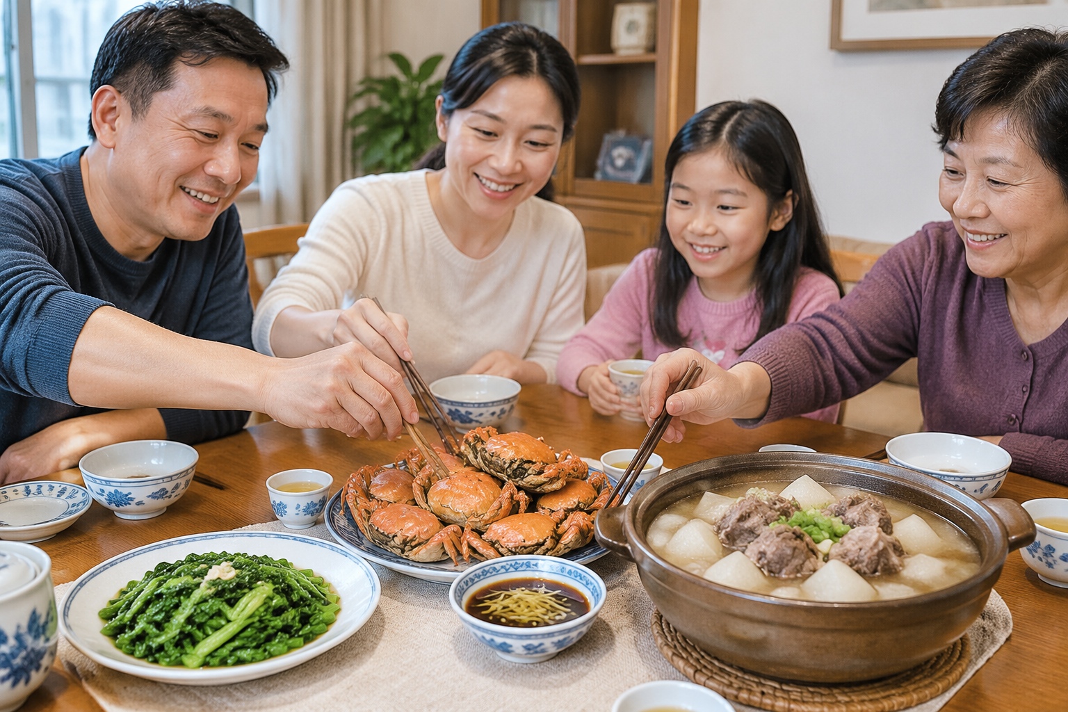 A Chinese family dinner table set with steamed crab, ginger dipping sauce, and lamb stew with radish.