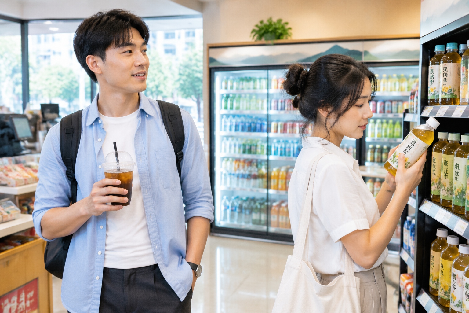 Young office workers choose between iced coffee and room-temperature herbal tea in a Chinese convenience store.