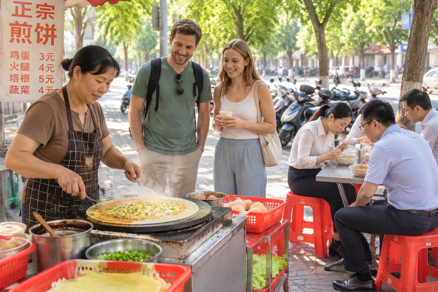 Foreign tourists buying breakfast at a street food stall in a Chinese city in the early morning, standing beside local office workers at small stools