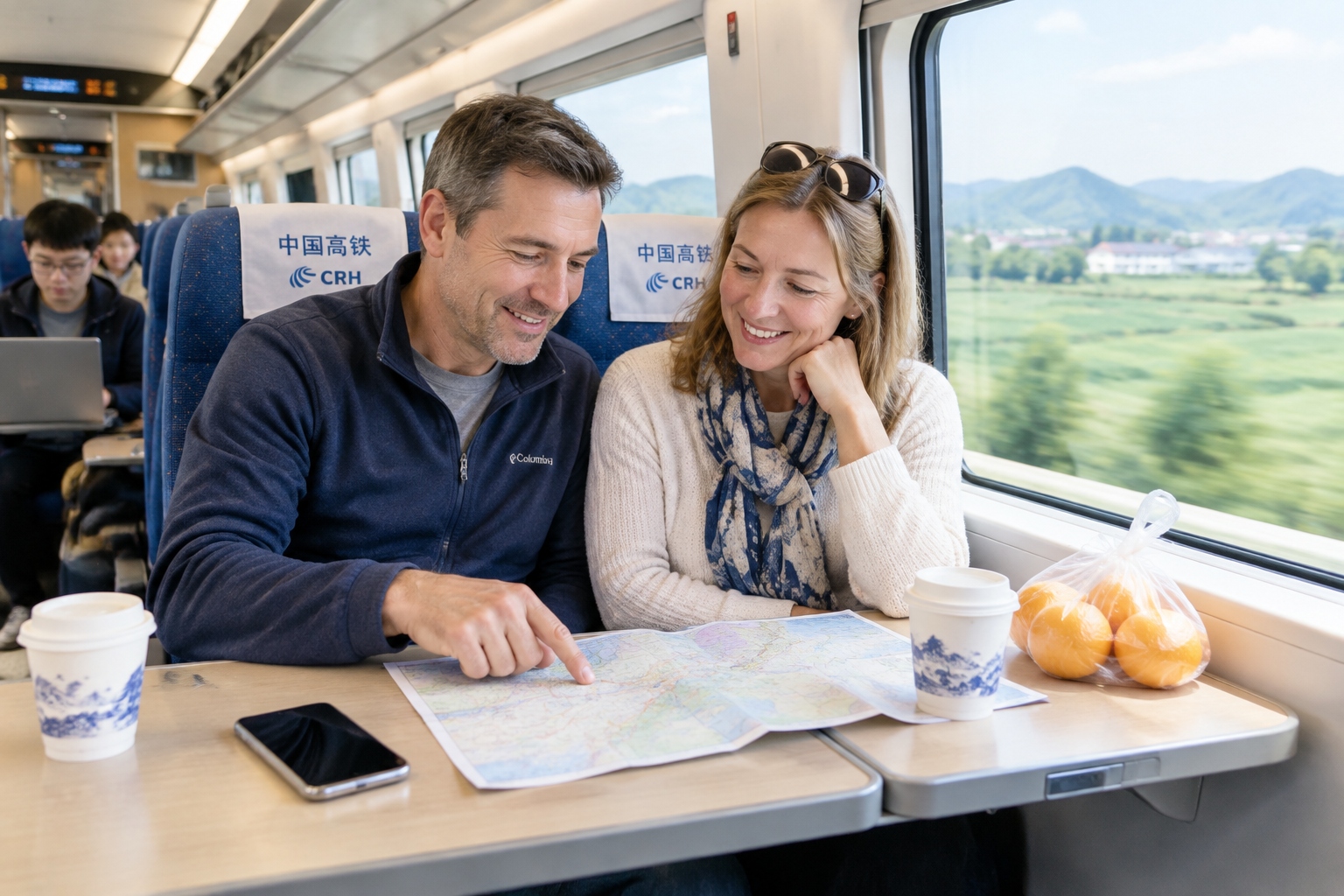 Travelers with a map and phones sitting by the window inside a Chinese high-speed train, farmland passing outside the window