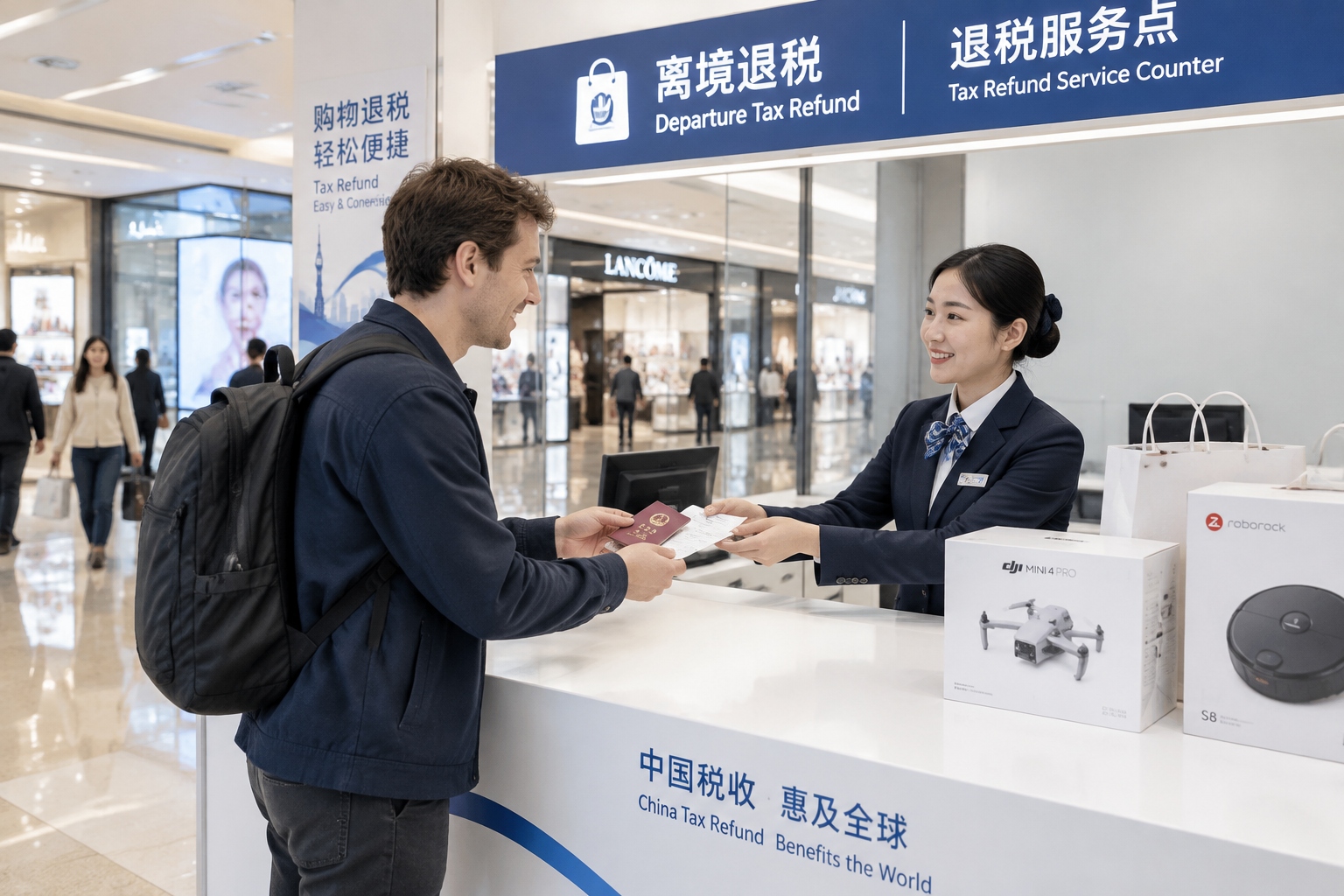 A foreign shopper at a departure tax refund counter in a Chinese mall holding a passport while buying electronics