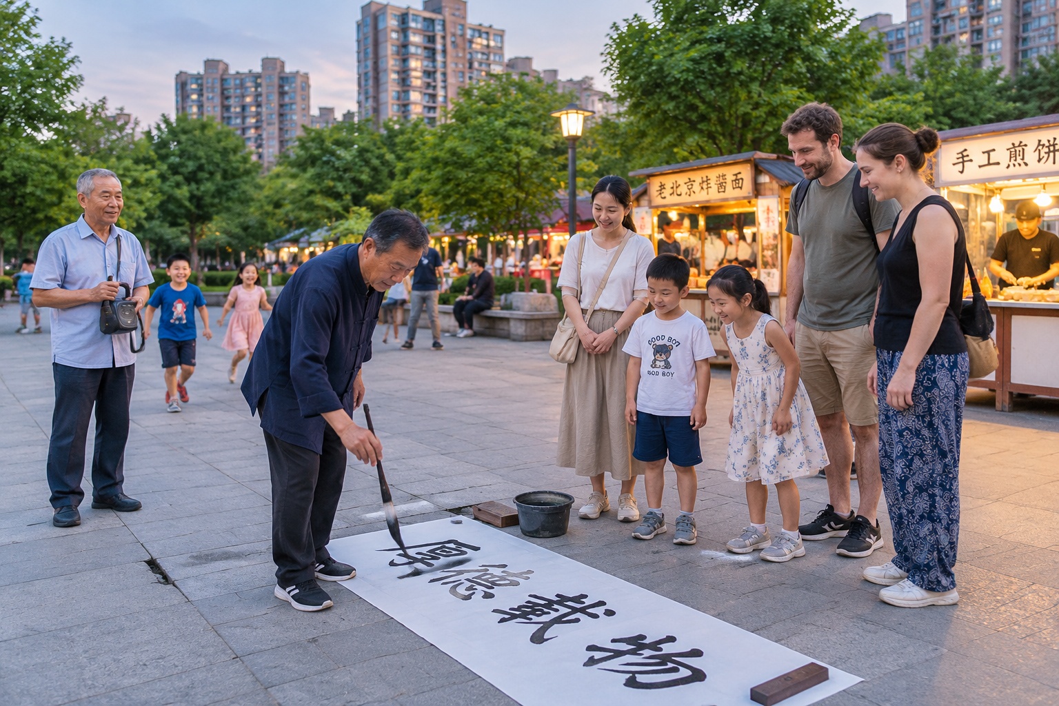 Local residents and foreign visitors together in a Chinese city square in the evening, watching a street calligraphy seller and food stalls
