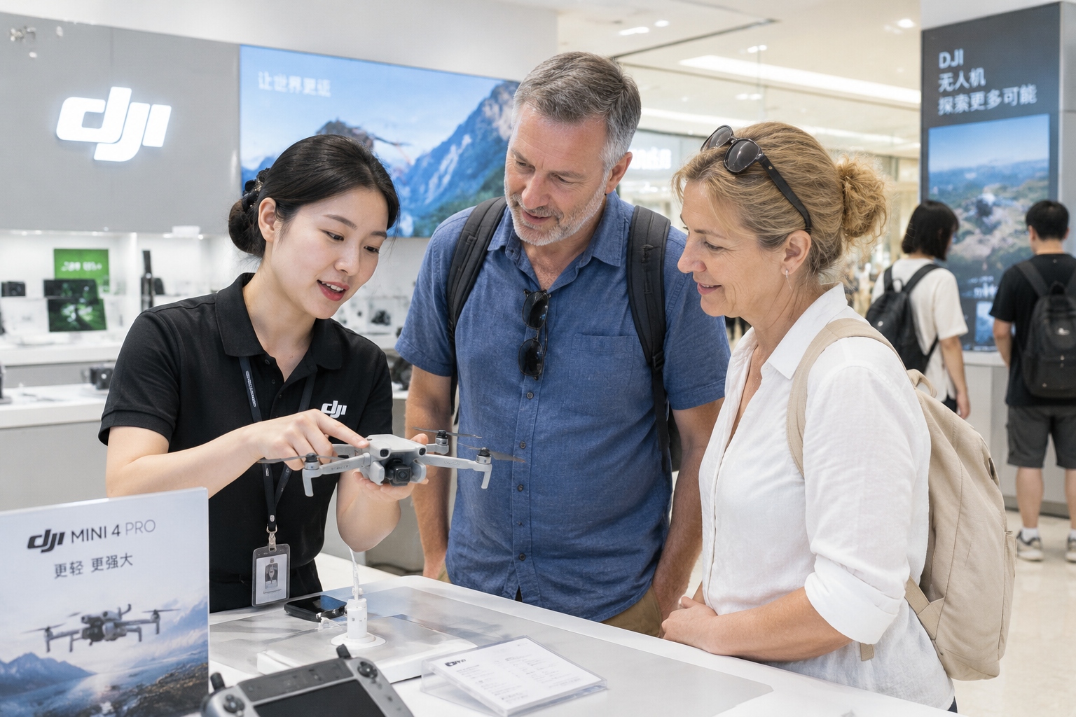From Tea to Drones: What Foreign Tourists Actually Put in Their Suitcases When Leaving China 22 A Chinese saleswoman shows a small DJI drone to a European tourist couple inside a shopping mall electronics store in China.