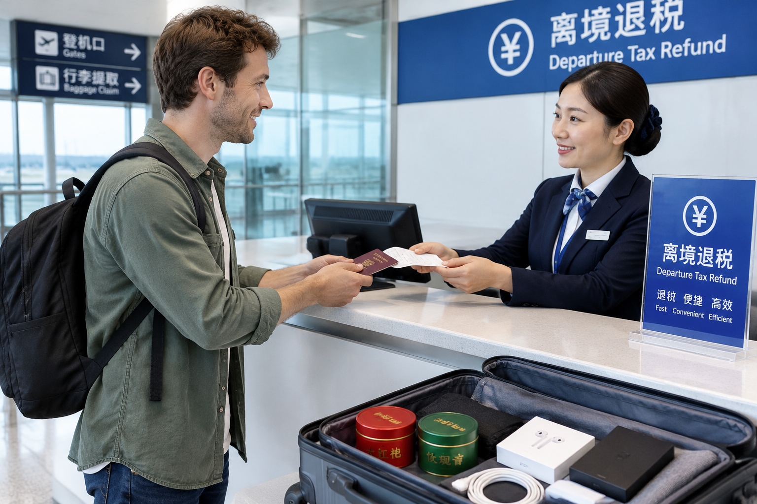 From Tea to Drones: What Foreign Tourists Actually Put in Their Suitcases When Leaving China 23 A foreign traveler presents a passport and receipts at a departure tax refund counter in a Chinese airport.