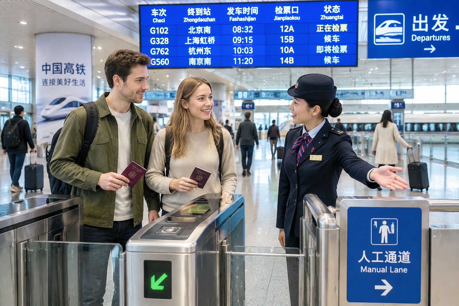 European travelers scanning passports at a ticket gate in a Chinese high-speed railway station while an attendant helps