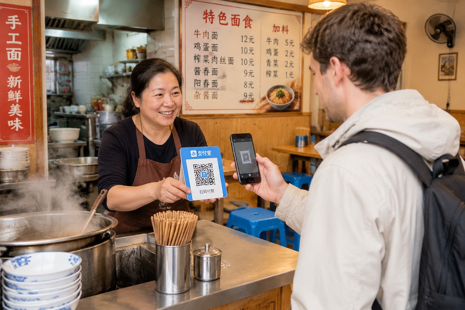 A noodle shop owner holding a QR code while a foreign customer scans it with a smartphone in a small Chinese restaurant