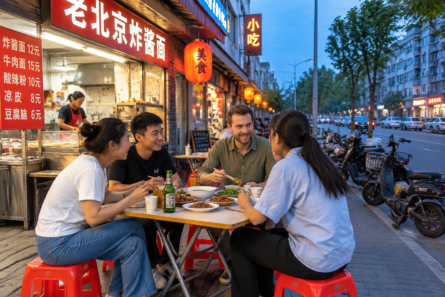 A foreign traveler eating at a plastic stool table with locals at a street food stall in a small Chinese city at dusk