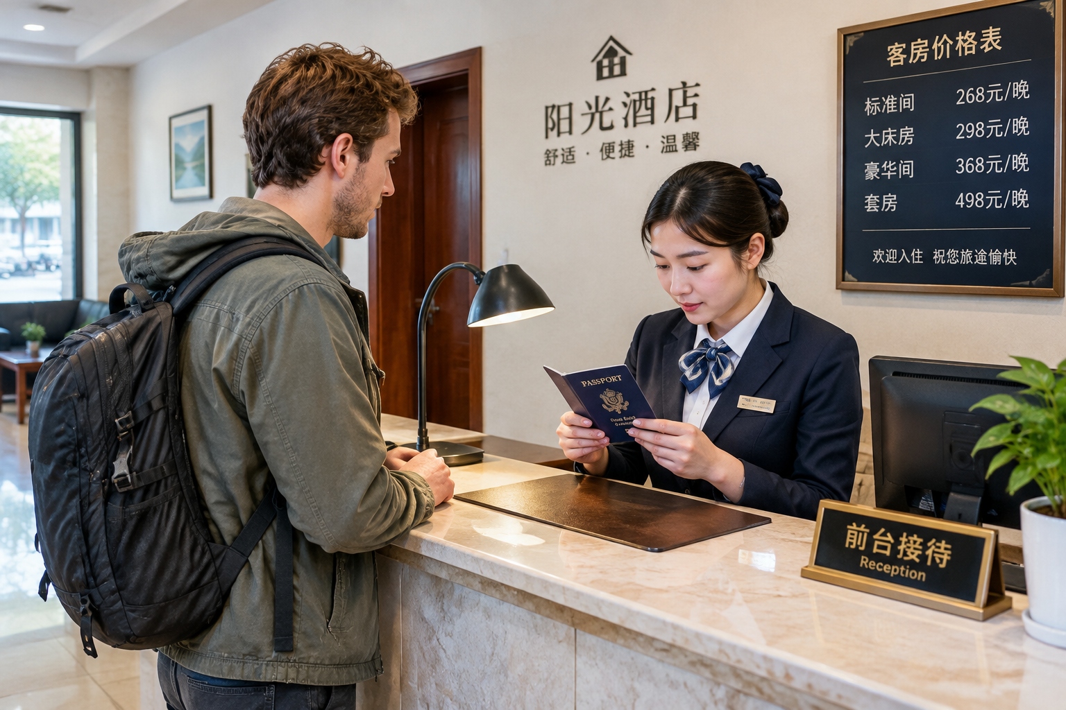 A hotel receptionist in a small Chinese city checking a foreign passport while a guest with a backpack waits at the counter