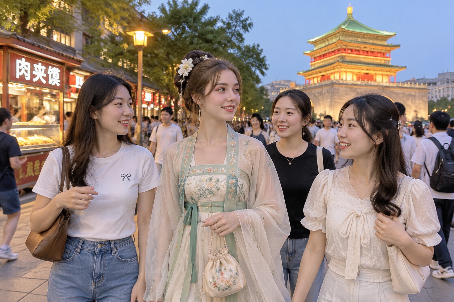 Drinking Hot Water, Wearing Hanfu, Seeing a TCM Doctor: Why Some Foreigners Are Starting to 'Live Like Chinese People' 22 A young foreign woman in rented Hanfu walking through a crowded Xi'an street at dusk with Chinese friends