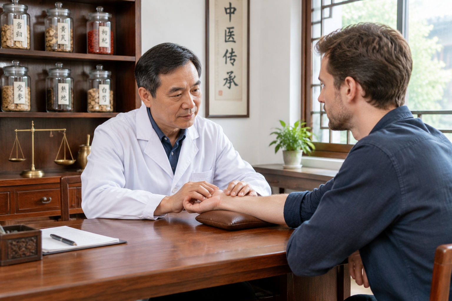 Drinking Hot Water, Wearing Hanfu, Seeing a TCM Doctor: Why Some Foreigners Are Starting to 'Live Like Chinese People' 23 A Chinese doctor taking a foreign patient's pulse inside a licensed traditional Chinese medicine clinic