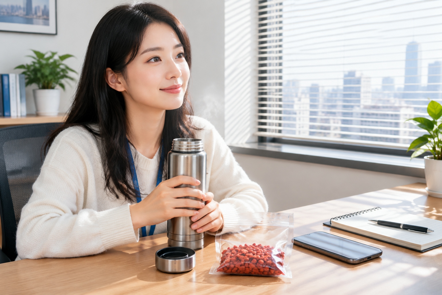 Drinking Hot Water, Wearing Hanfu, Seeing a TCM Doctor: Why Some Foreigners Are Starting to 'Live Like Chinese People' 24 A stainless steel thermos of hot water and a bag of goji berries on a Chinese office desk