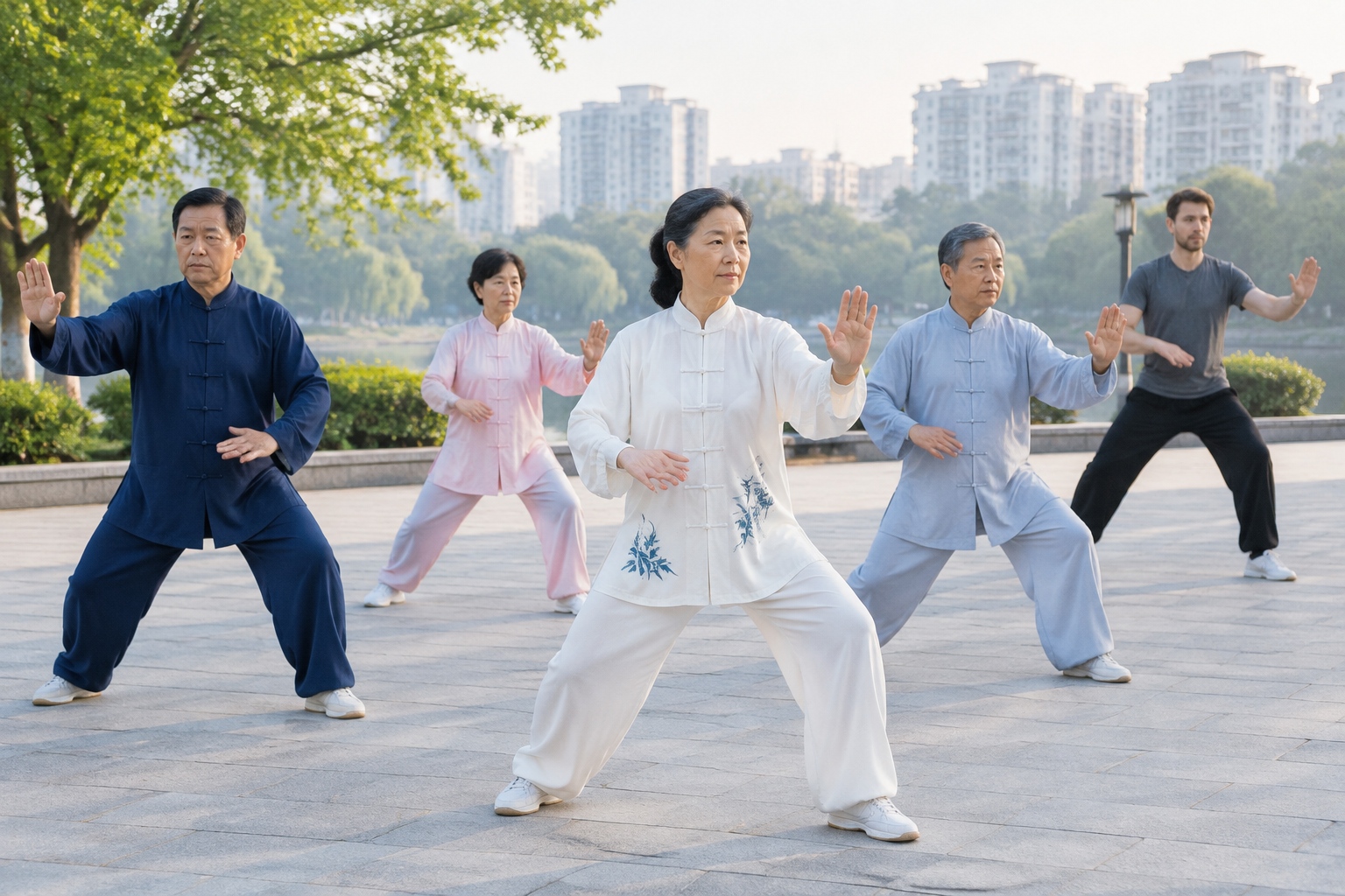 Drinking Hot Water, Wearing Hanfu, Seeing a TCM Doctor: Why Some Foreigners Are Starting to 'Live Like Chinese People' 25 A young foreign man joining a group of older Chinese people practicing baduanjin in a city park at dawn