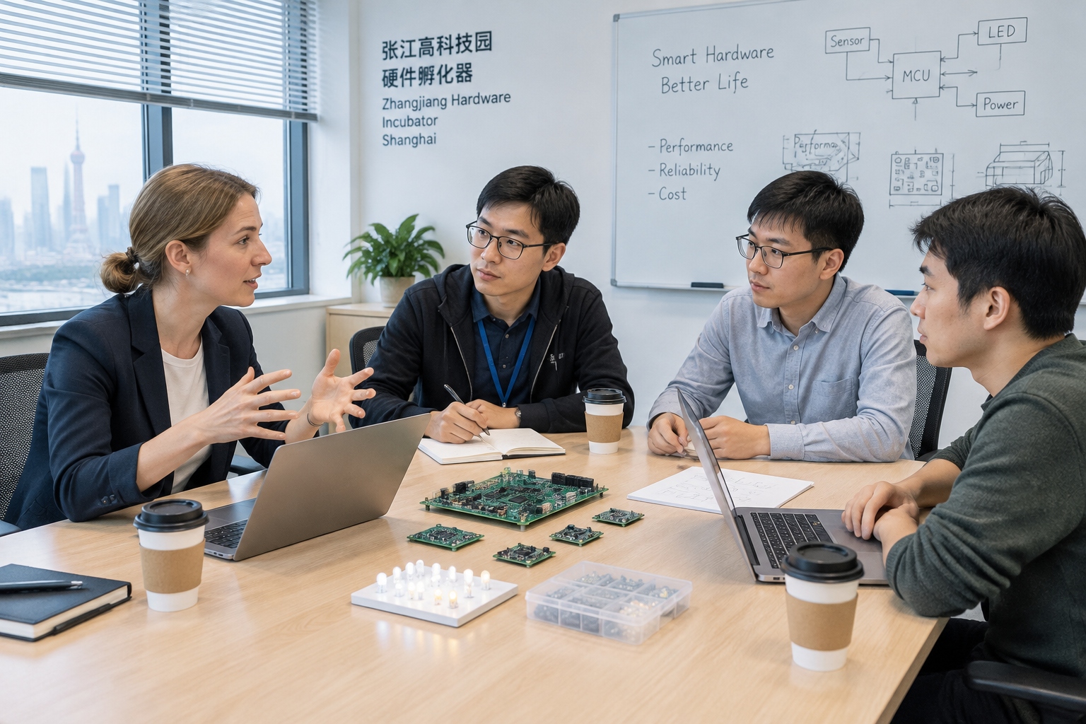 Foreign businesswoman meeting Chinese engineers around a table with circuit boards and LED samples in a Shanghai hardware incubator