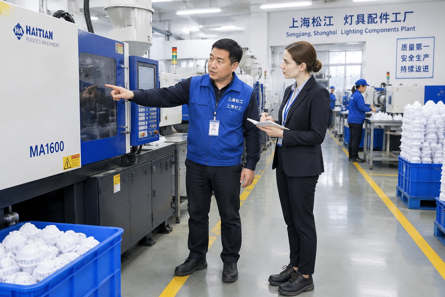 Chinese factory manager showing an injection molding line to a foreign businesswoman in safety shoes at a lighting components plant in Songjiang