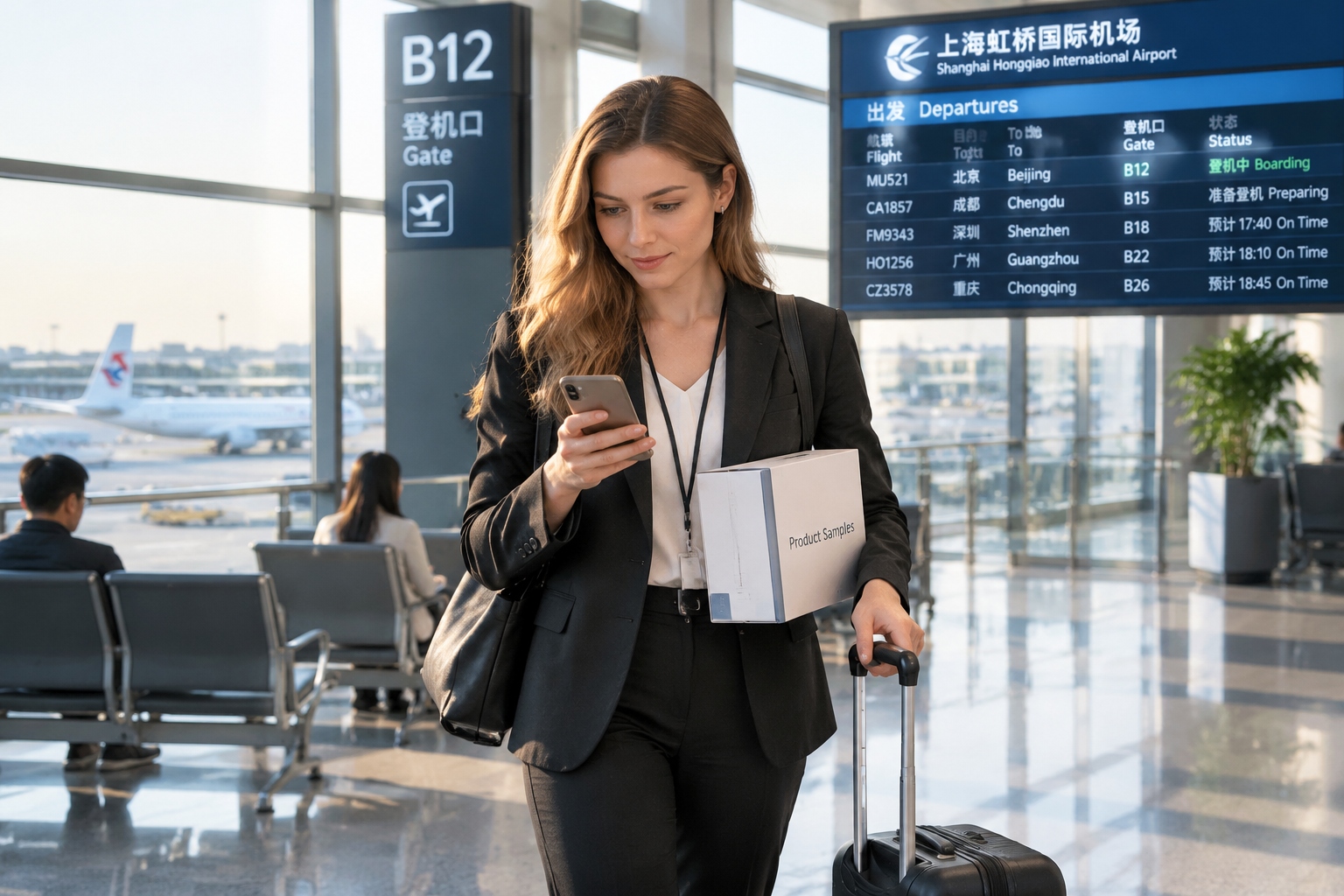 Foreign businesswoman checking her phone at a Shanghai Hongqiao airport departure gate with a carry-on bag and sample box