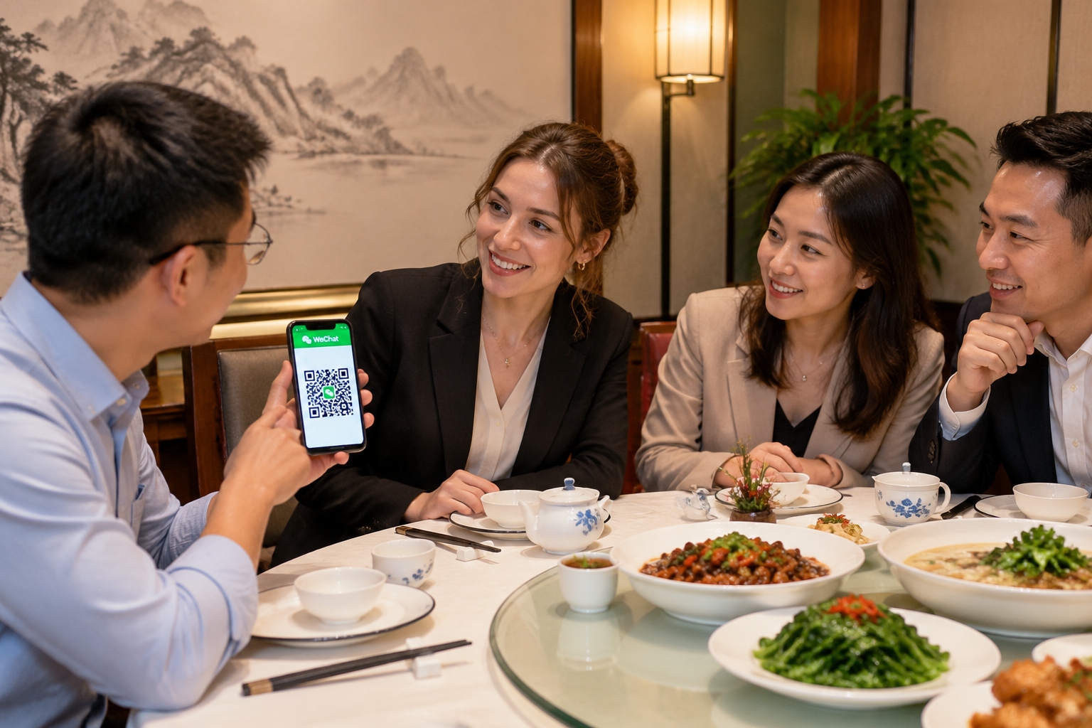 A French Trainer’s 72 Hours in China: How Face-to-Face Business Works After Visa-Free Entry 24 French trainer and Chinese partners at a business dinner exchanging WeChat contacts