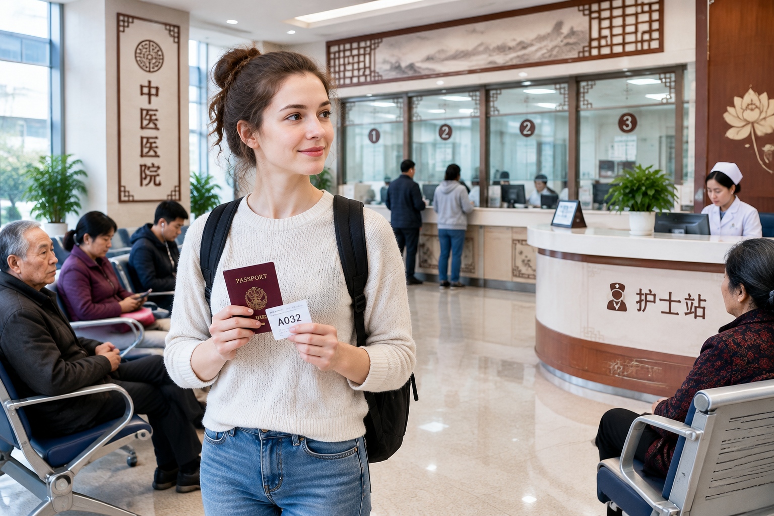 How to See a TCM Doctor in China as a Foreigner: What Acupuncture Costs, Which Cities to Pick, and What to Skip 22 A foreign patient holding a passport and queue number in a public TCM hospital waiting area in China