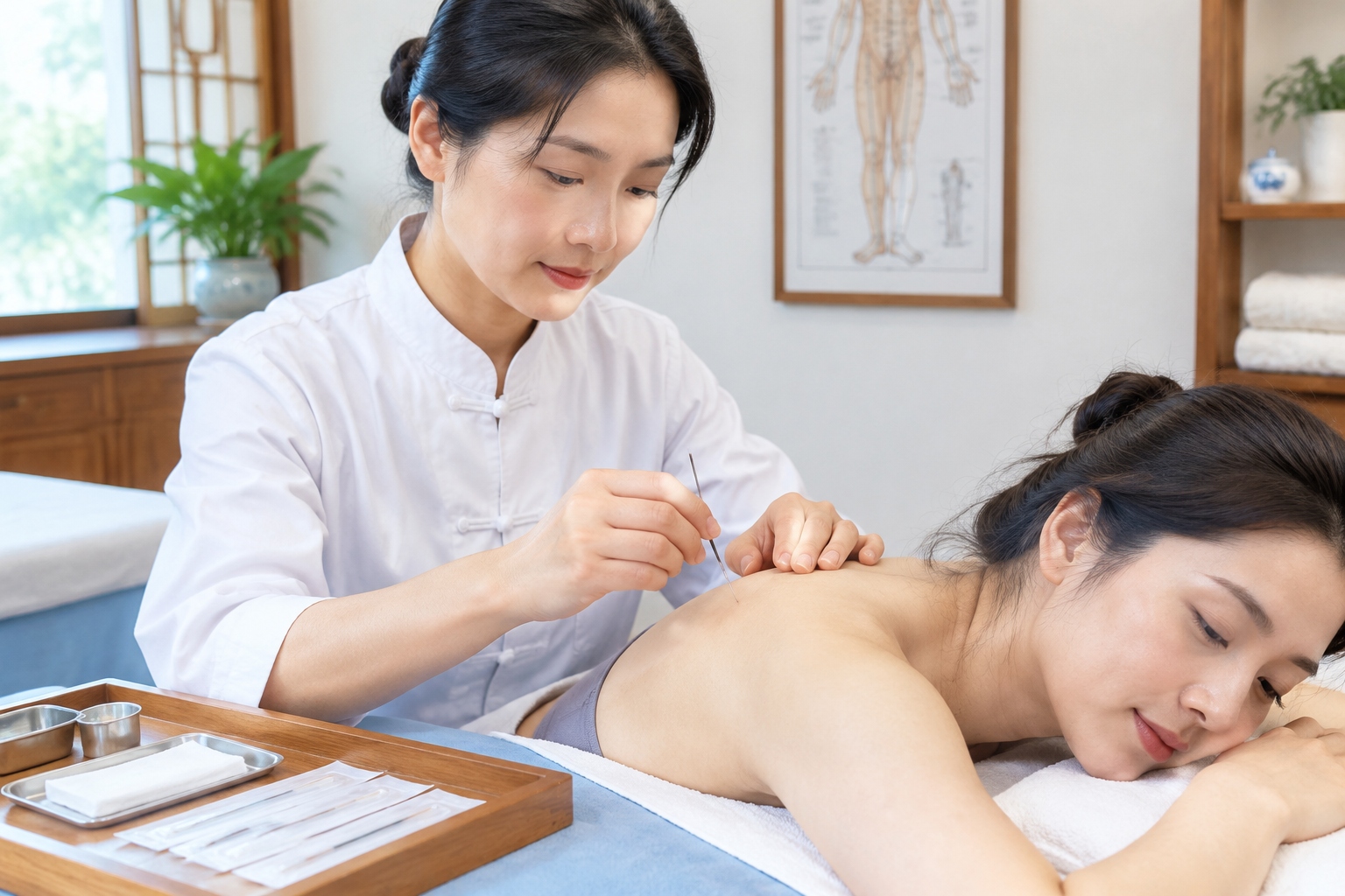 How to See a TCM Doctor in China as a Foreigner: What Acupuncture Costs, Which Cities to Pick, and What to Skip 23 A practitioner placing a single-use acupuncture needle during a treatment session in a Chinese clinic